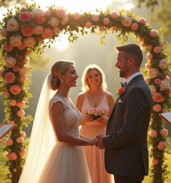 Couple souriant échangeant leurs vœux dans un jardin ensoleille
