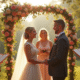 Couple souriant échangeant leurs vœux dans un jardin ensoleille