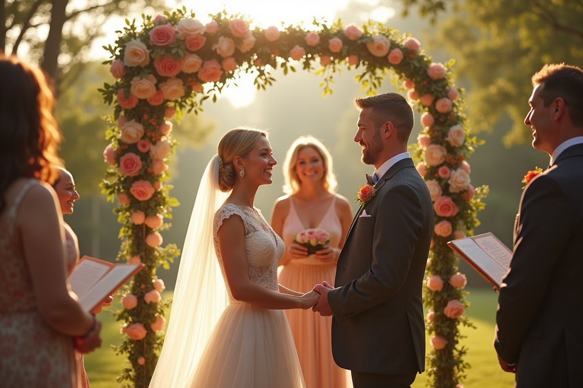 Couple souriant échangeant leurs vœux dans un jardin ensoleille