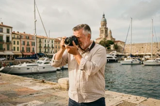 Photographe professionnel tenant un appareil photo sur le Vieux-Port de Marseille avec la basilique Notre-Dame de la Garde en arrière-plan