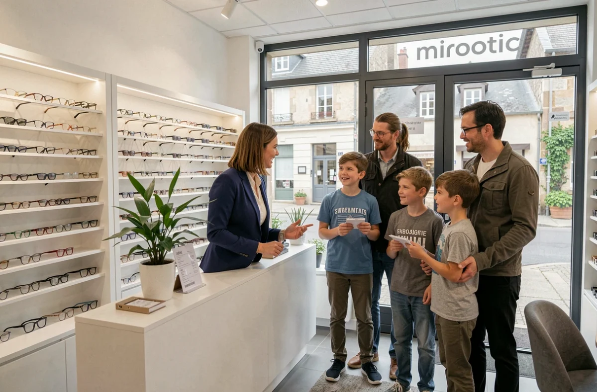 Opticien Miroptic à Chauray avec une opticienne accueillant des clients dans une boutique moderne et organisée