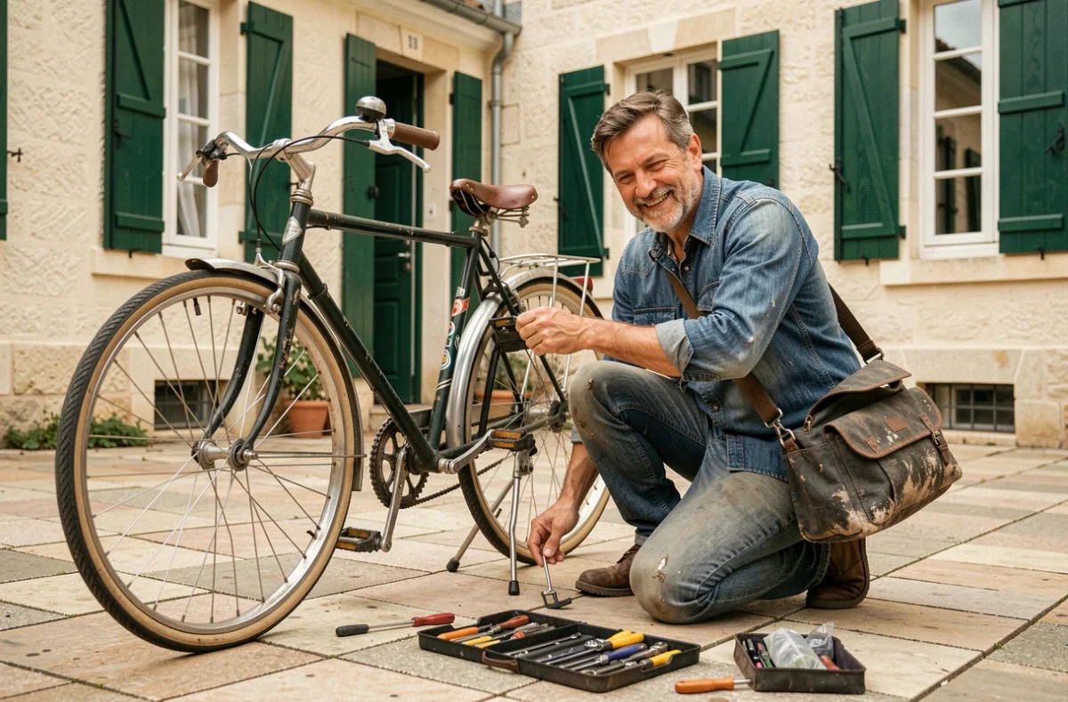 Moustapha, réparateur de vélos expérimenté, effectuant une réparation à domicile sur un vélo de ville dans la cour d'un immeuble résidentiel typique de Dijon
