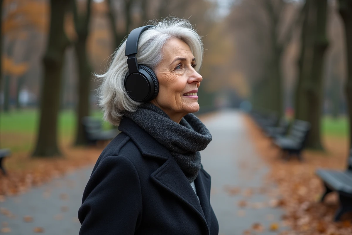 Muriel Moreno dans un parc automnal avec écouteurs