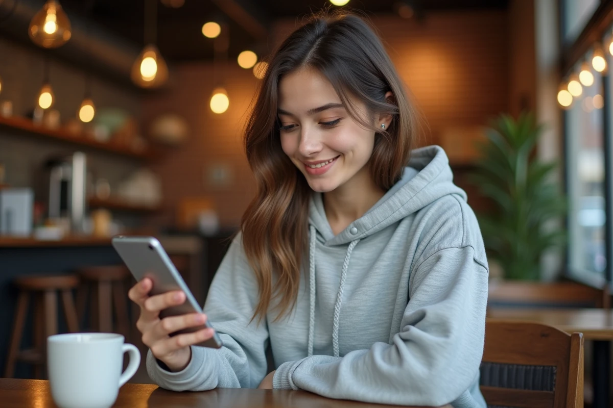 Jeune femme consultant le site Wikio sur son smartphone dans un café urbain