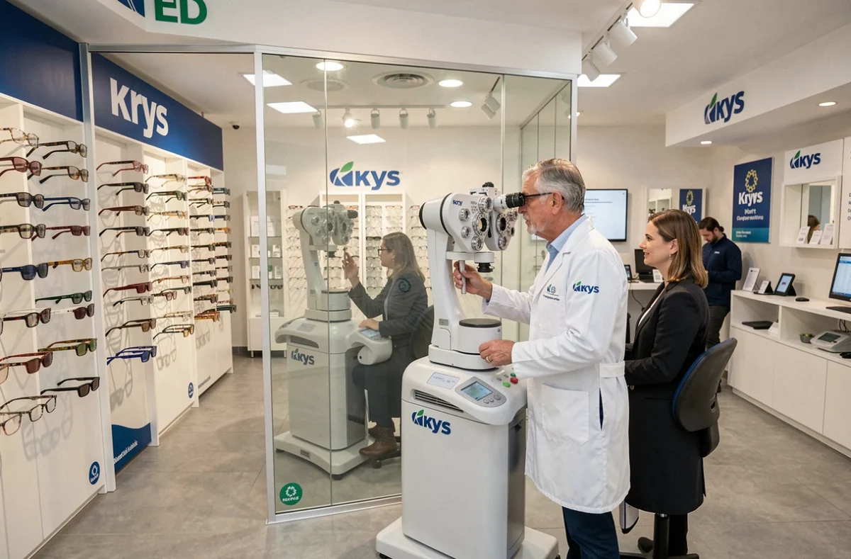 Opticien Krys à Niort avec un opticien réalisant un examen de vue dans une salle d'examen vitrée