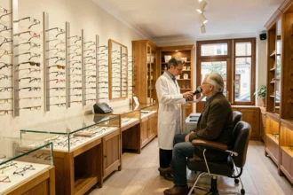 Intérieur d'une boutique d'opticien dans les Deux-Sèvres avec des montures exposées et un opticien conseillant un client