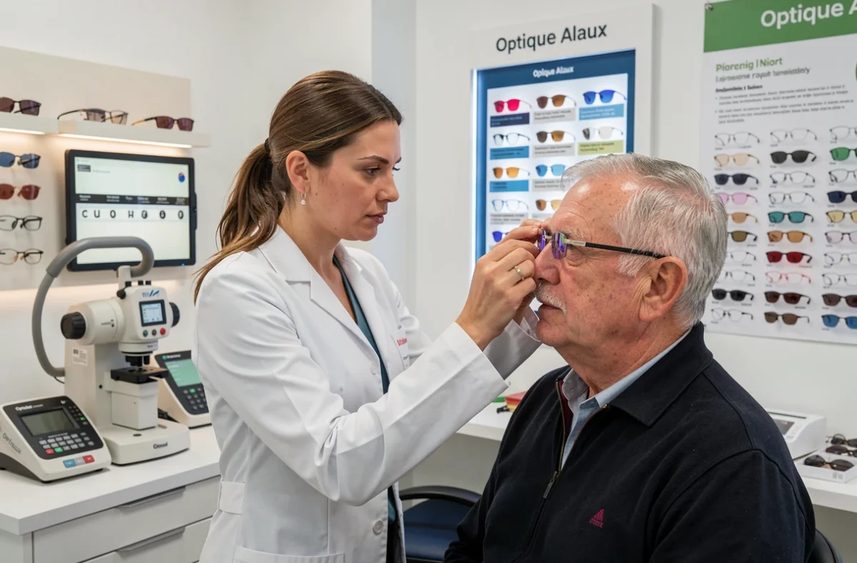 Opticienne d'Optique Alaux à Niort en train de conseiller un client sur le choix de verres correcteurs