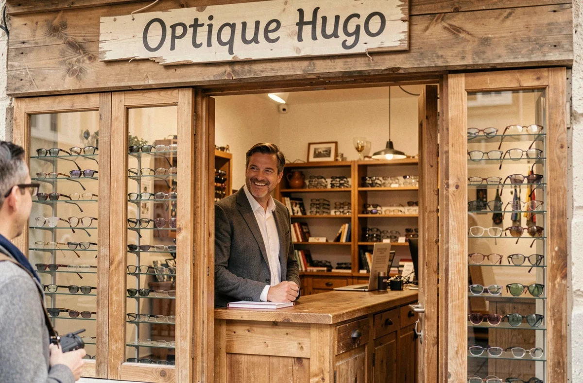 Façade et intérieur de l'opticien indépendant Optique Hugo à Niort, avec des montures artisanales et un accueil chaleureux