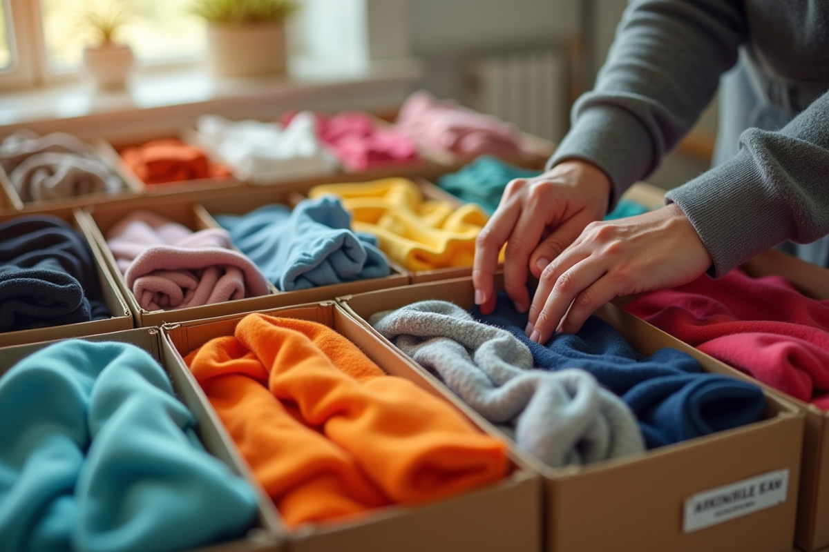 Mains organisant des vetements colorés dans des boîtes