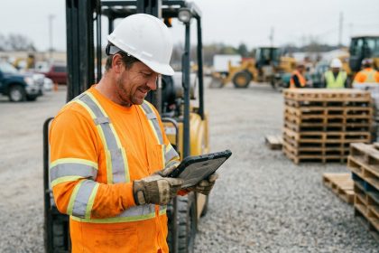 Homme en gilet haute visibilité et casque sur un site industriel
