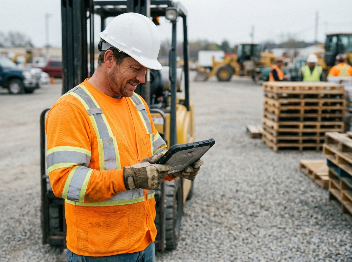 Homme en gilet haute visibilité et casque sur un site industriel