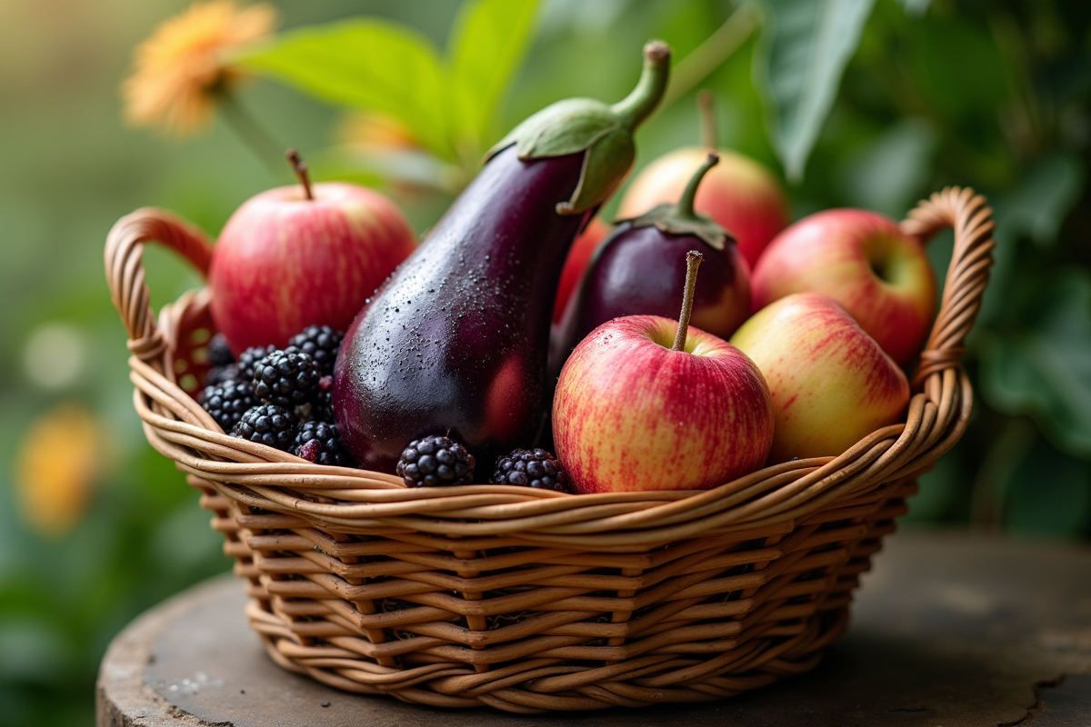Panier de fruits exotiques récoltés avec sureaux et aubergines