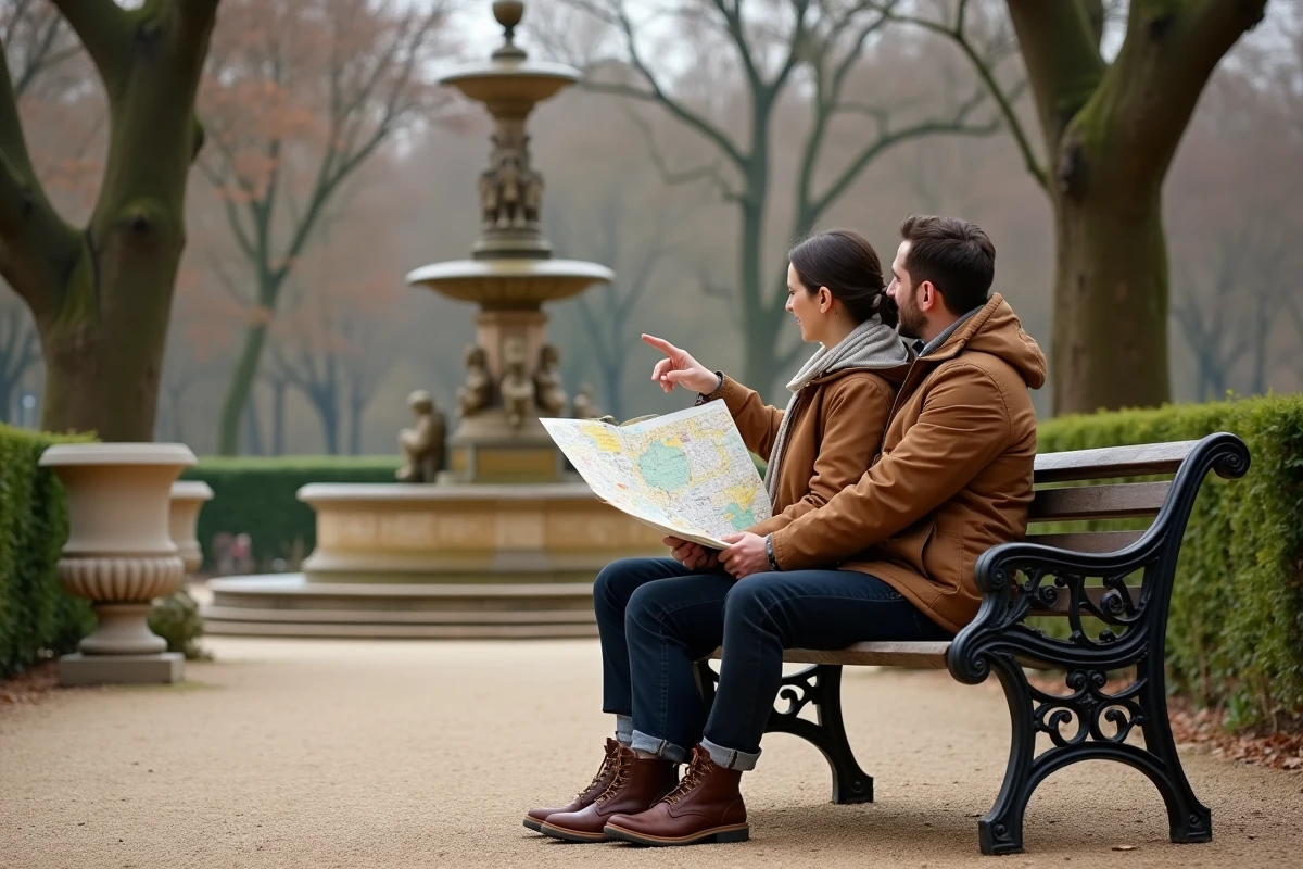 Couple avec un plan culturel de Paris assis dans un parc d'arrondissement avec fontaine et pavillon