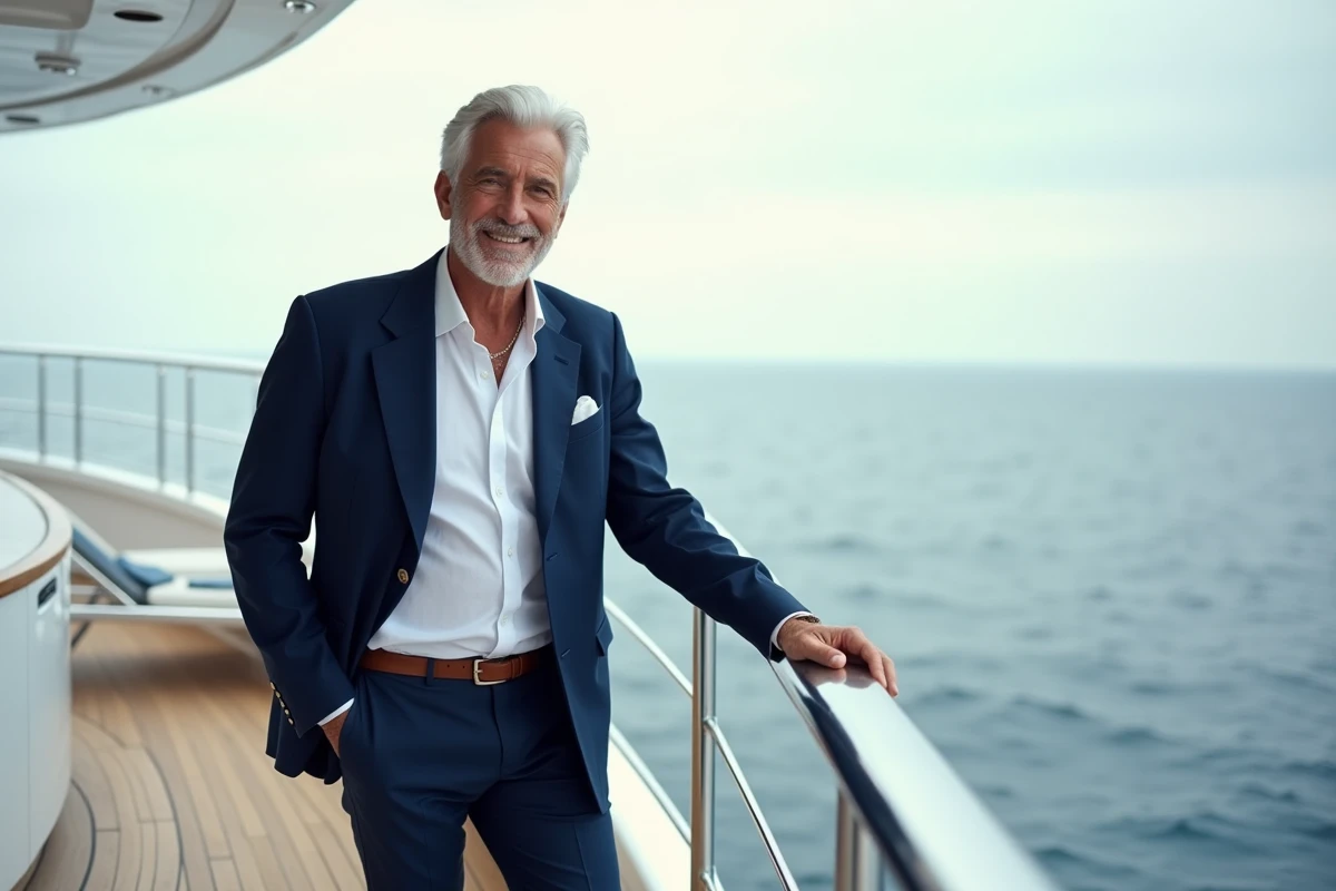 Homme en blazer marine sur le pont arrière d'un superyacht en mer, portrait trois quarts éditorial