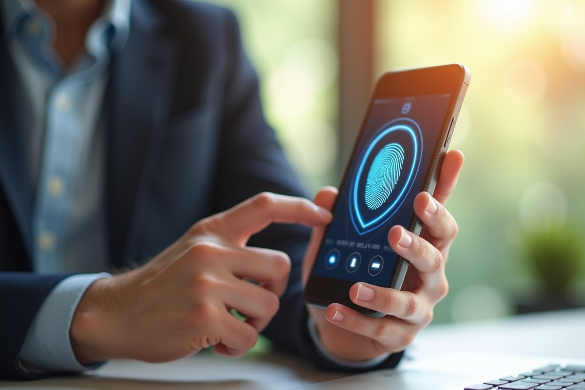 Personne confiante utilisant une application bancaire sécurisée sur smartphone