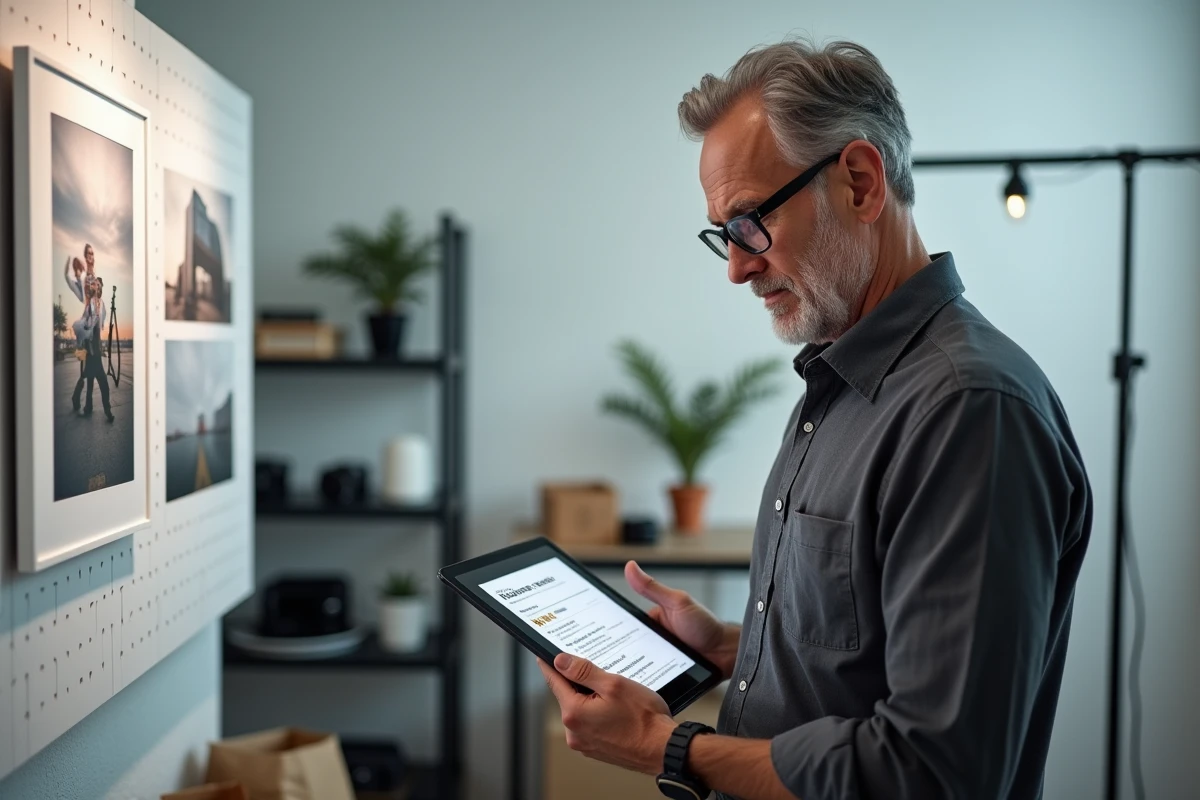 Photographe professionnel comparant des avis de blog sur tablette avec des tirages physiques dans un studio photo