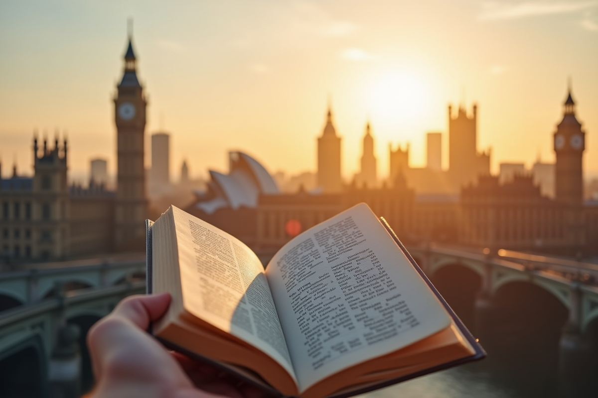 Main tenant un guide de voyage avec monuments de grandes villes en fond
