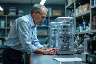 Physicien au laboratoire examinant une chambre à vide quantique