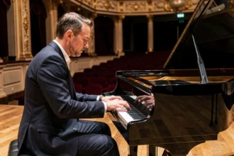 Pianiste français en costume marine jouant sur un piano à queue dans une grande salle de concert classique aux sièges velours rouge