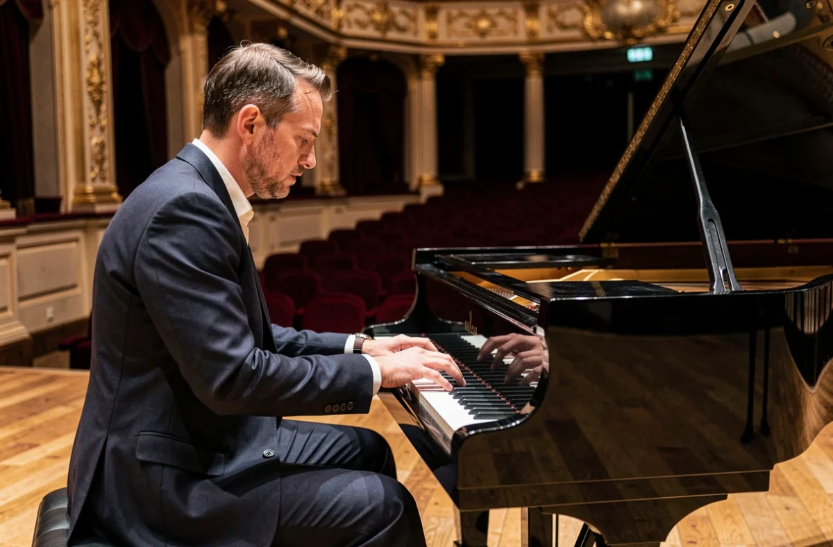 Pianiste français en costume marine jouant sur un piano à queue dans une grande salle de concert classique aux sièges velours rouge