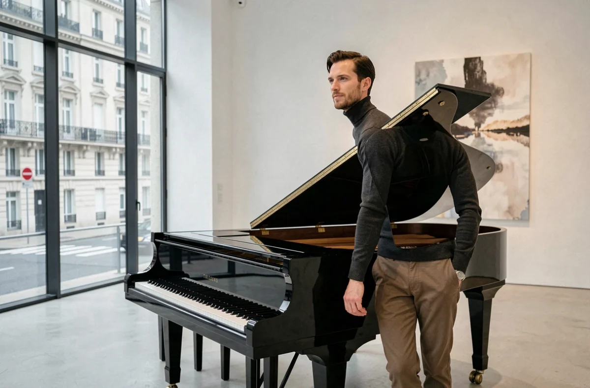 Pianiste français en col roulé gris anthracite debout près d'un piano à queue dans un foyer de musée d'art contemporain à Paris