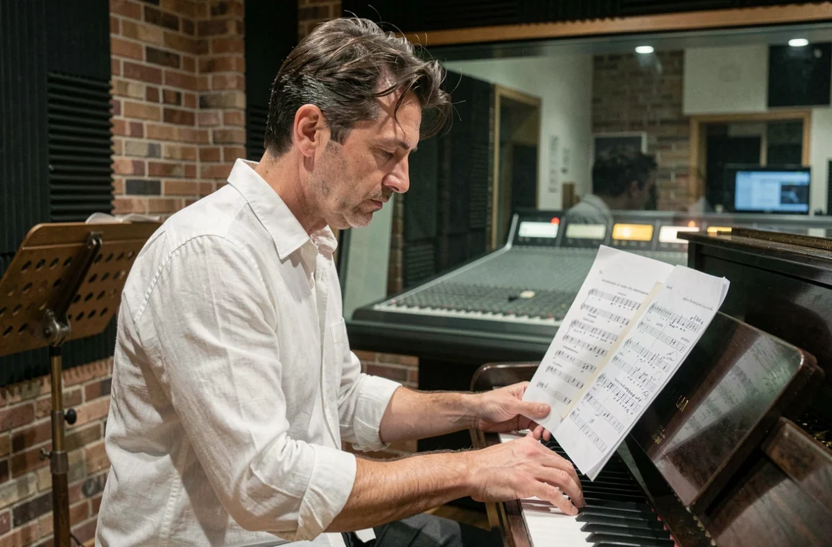 Pianiste français en chemise blanche lisant une partition manuscrite dans un studio d'enregistrement professionnel avec console de mixage
