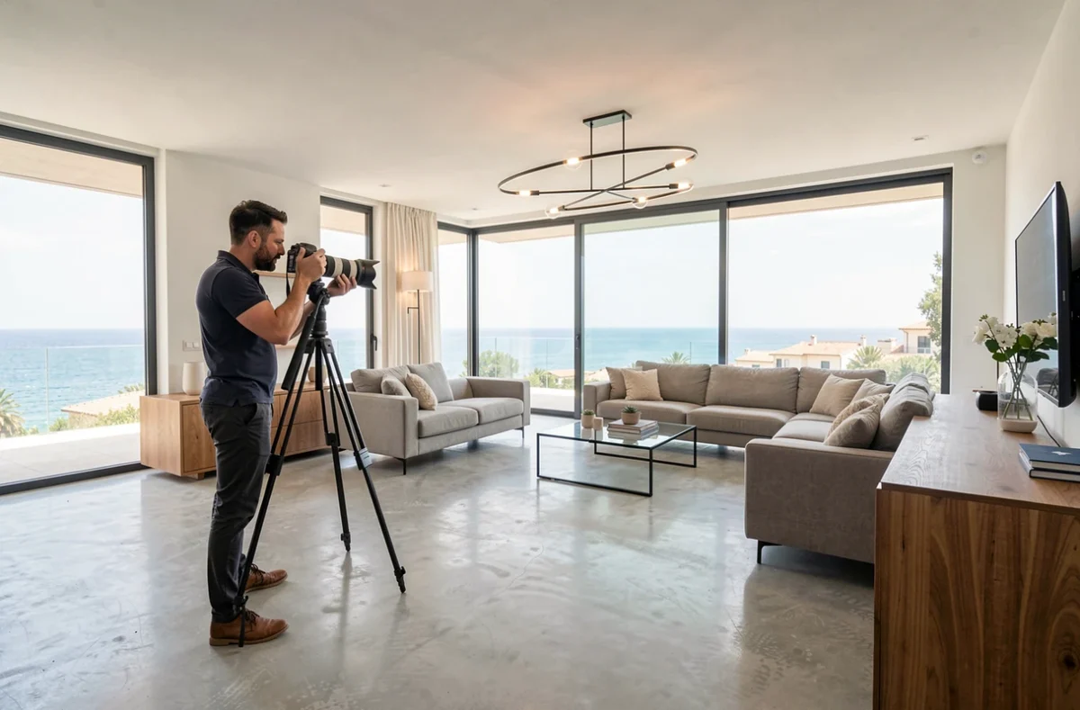 Photographe Pierre-Franck S. réalisant une séance immobilier dans un appartement moderne avec vue sur la mer à Marseille