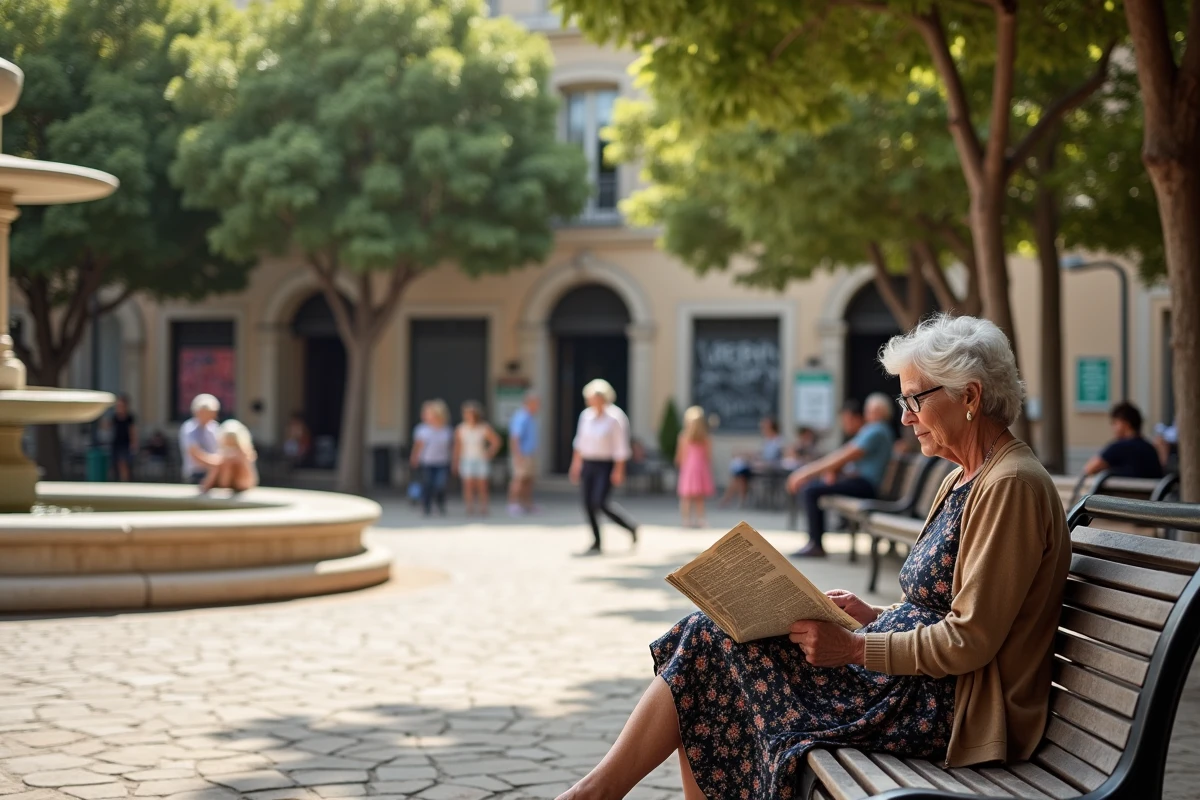 Place de quartier à Marseille avec des habitants de différentes générations se retrouvant autour d'une fontaine