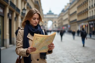 Femme consultant un plan de Paris devant un musée dans un arrondissement haussmannien