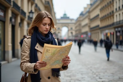 Femme consultant un plan de Paris devant un musée dans un arrondissement haussmannien