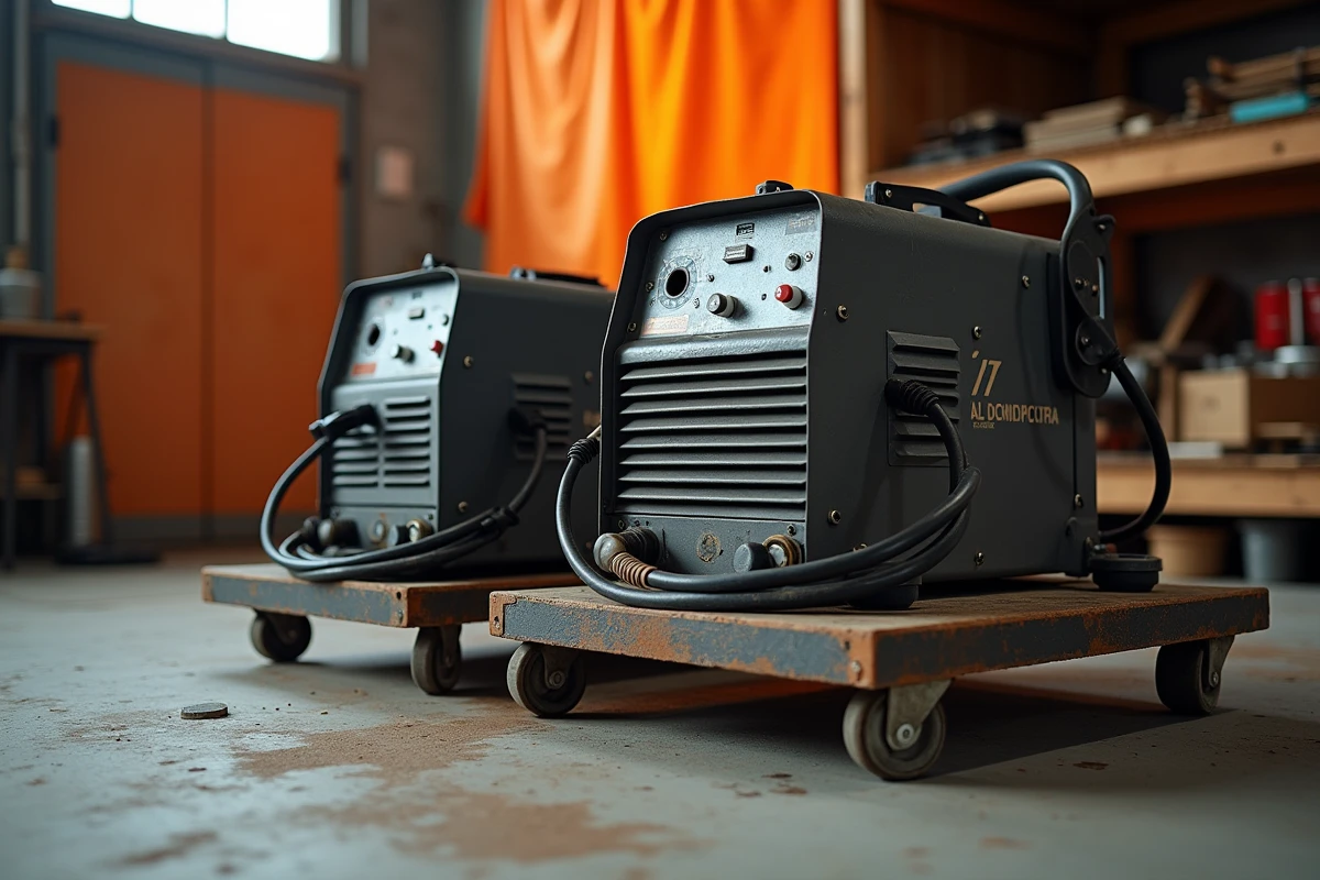 Poste de découpe plasma et soudure MIG sur chariot acier dans un atelier garage aménagé pour la métallurgie