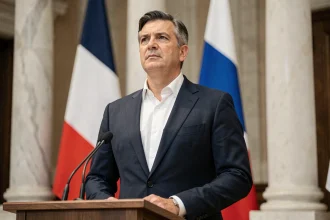 Homme politique en costume sombre debout à un pupitre officiel dans une salle gouvernementale française, posture droite et assurée illustrant l'image présidentielle