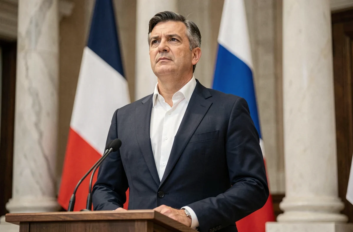 Homme politique en costume sombre debout à un pupitre officiel dans une salle gouvernementale française, posture droite et assurée illustrant l'image présidentielle