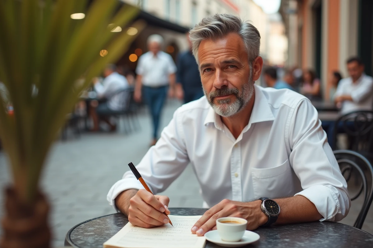 Homme concentré prenant des notes stratégiques sur la règle du palmier en terrasse de café avec un palmier en arrière-plan