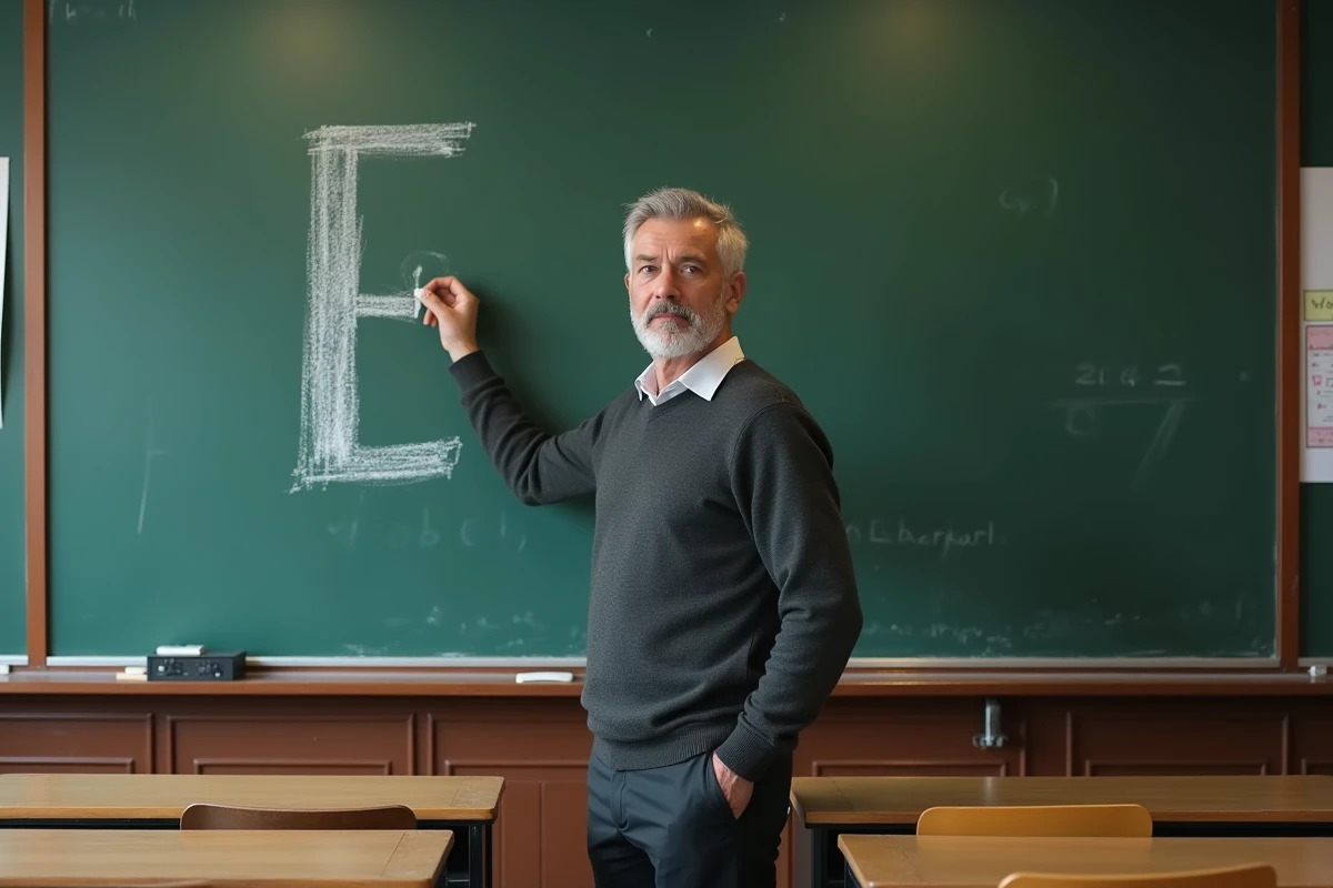Enseignant écrivant la capitale E à la craie sur un tableau vert dans une salle de classe vide
