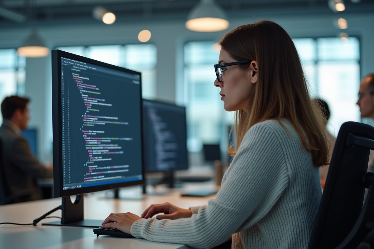Femme programmeuse utilisant une interface textuelle sur son ordinateur