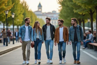 Groupe d'amis marchant le long du Rhône à Lyon