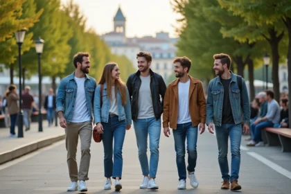 Groupe d'amis marchant le long du Rhône à Lyon