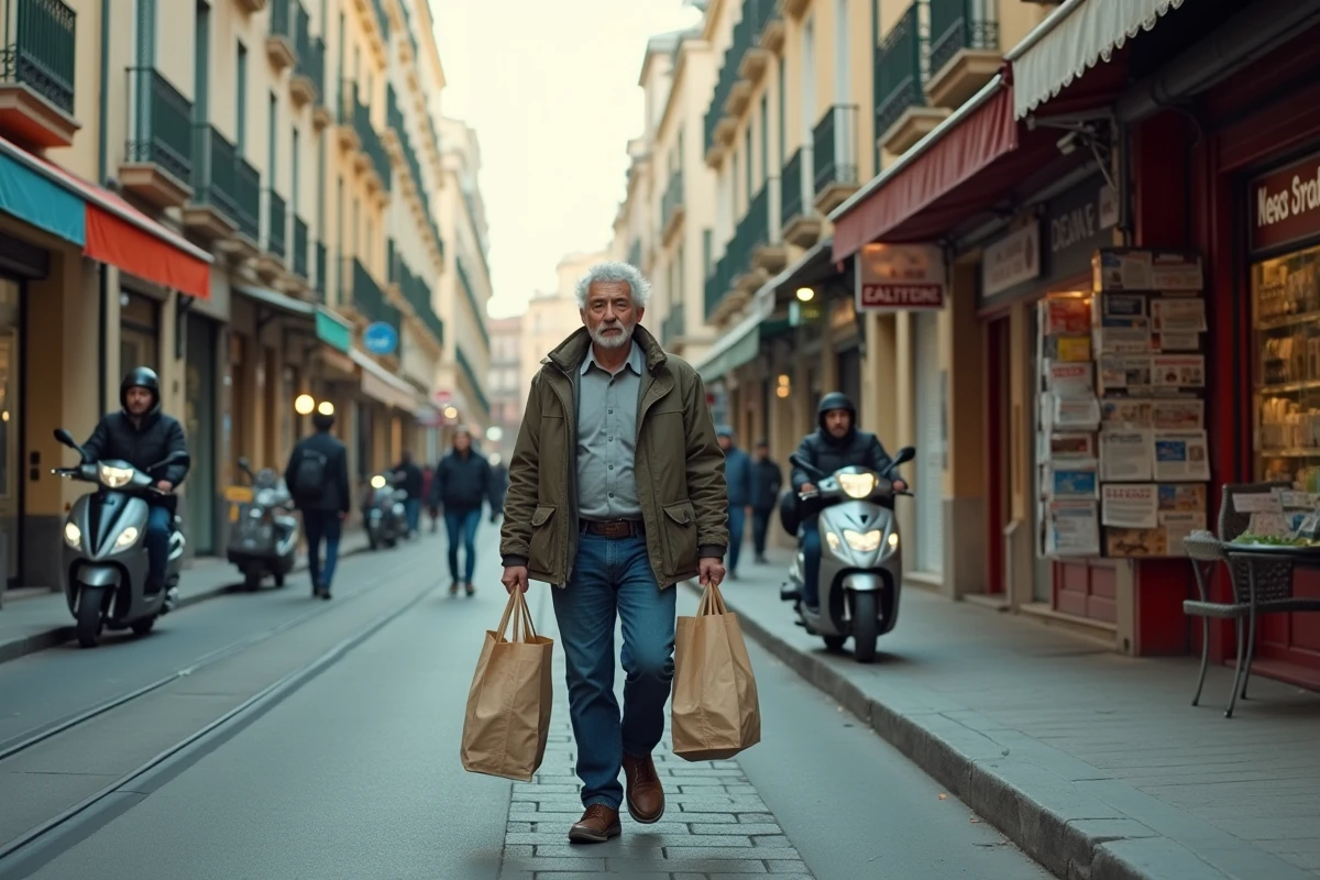 Rue animée d'un quartier populaire de Marseille avec des commerces de proximité et des habitants en journée