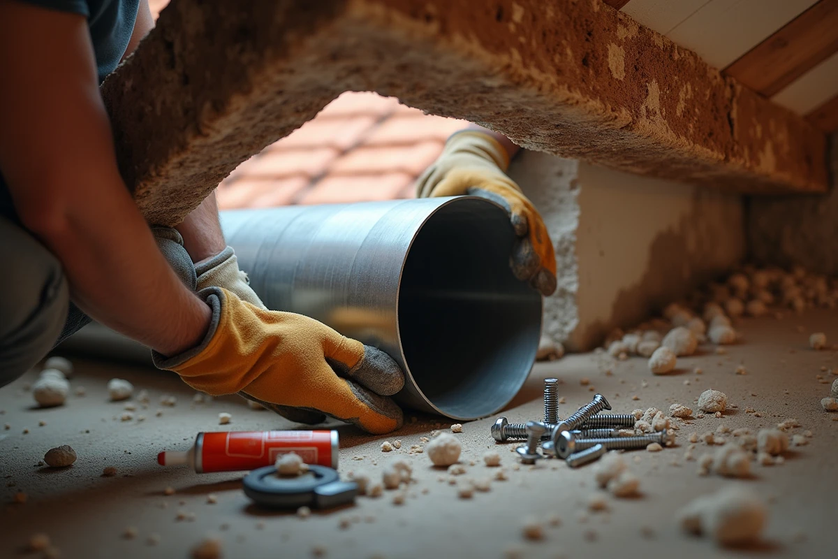 Gros plan sur le raccordement d'un conduit de fumée au plafond lors de l'installation d'un poêle à bois