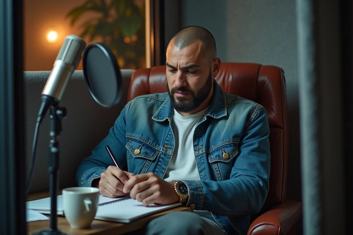 Rappeur américain en studio d'enregistrement écrivant des paroles engagées dans un carnet, atmosphère intimiste et créative