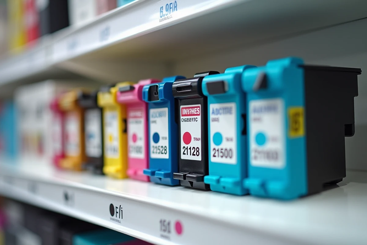 Cartouches d'encre de différentes marques alignées sur un rayon de magasin au Luxembourg avec étiquettes de prix