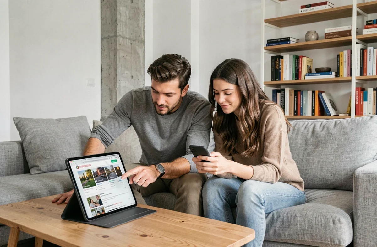 Deux personnes cherchant des annonces en italien sur tablette dans un appartement moderne en Italie