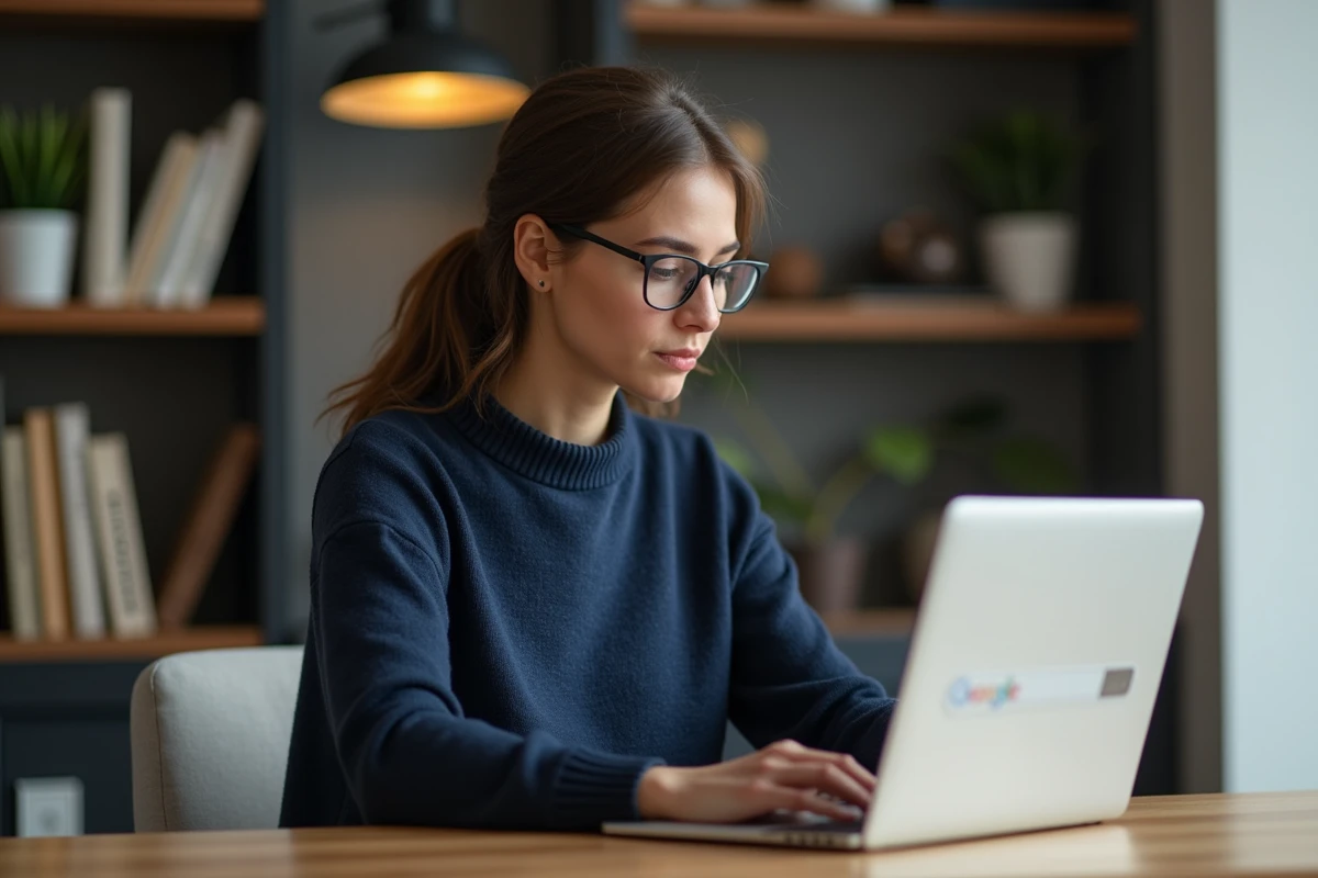 Femme cherchant le site officiel Wikio sur un ordinateur portable dans un bureau à domicile moderne