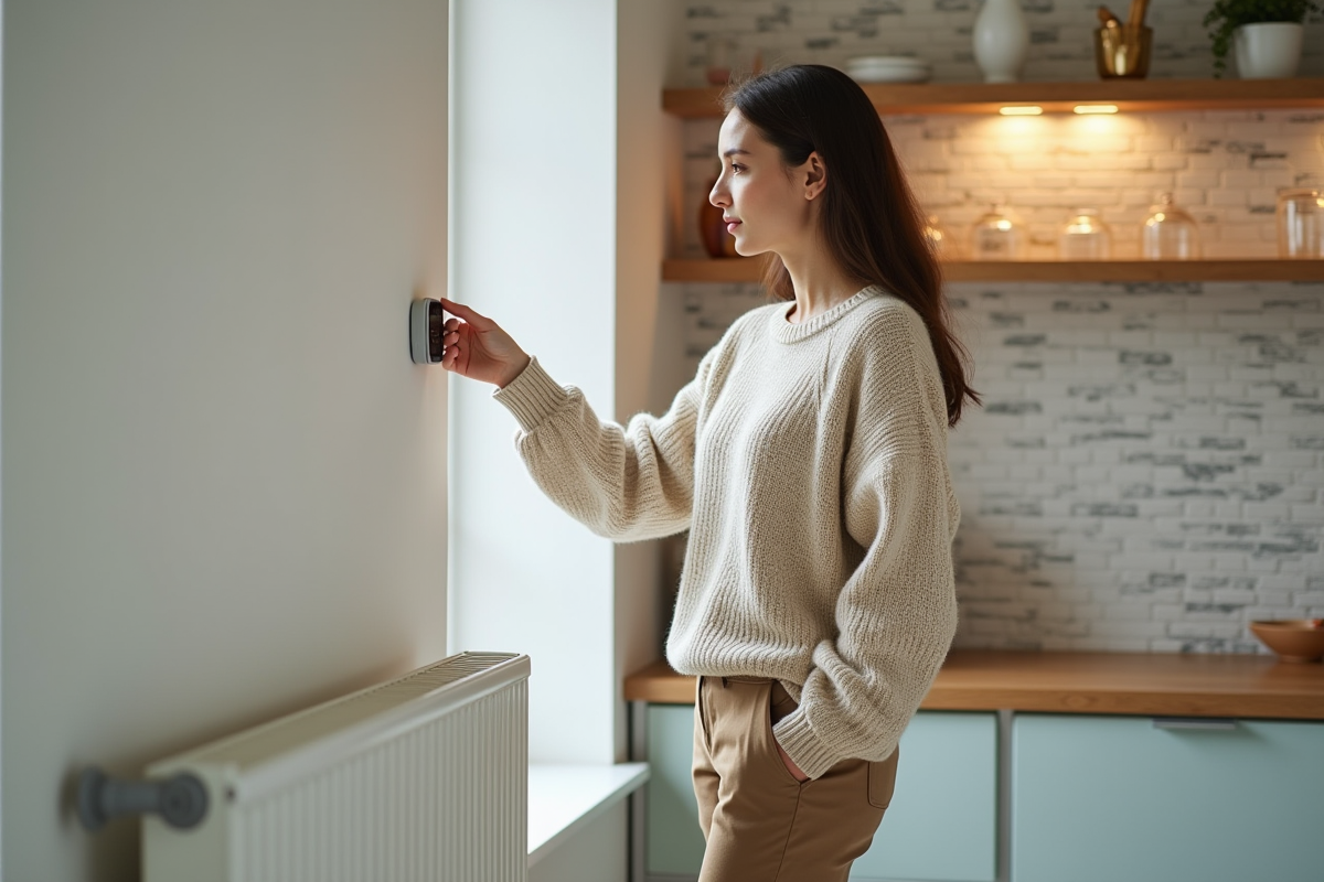 Jeune femme ajuste le thermostat d’un radiateur dans une cuisine lumineuse