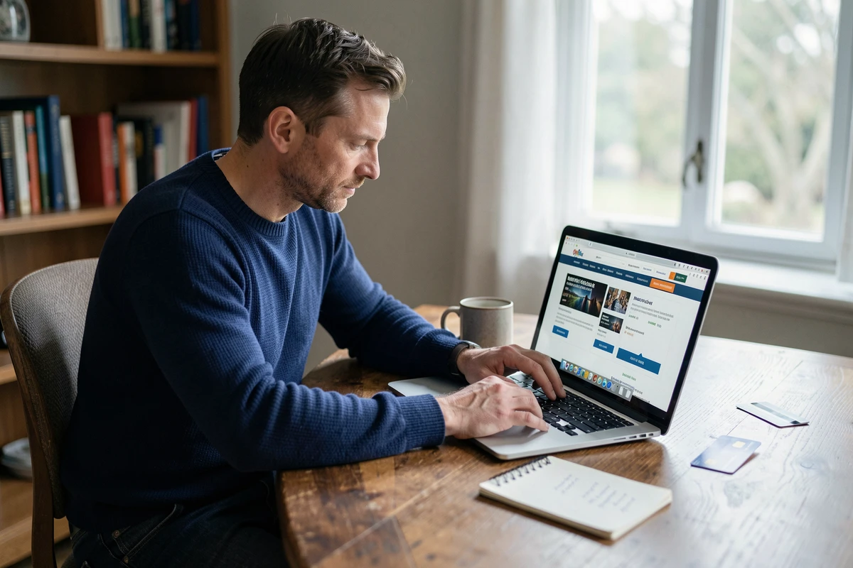 Homme réservant des billets en ligne sur son ordinateur portable depuis son bureau à domicile