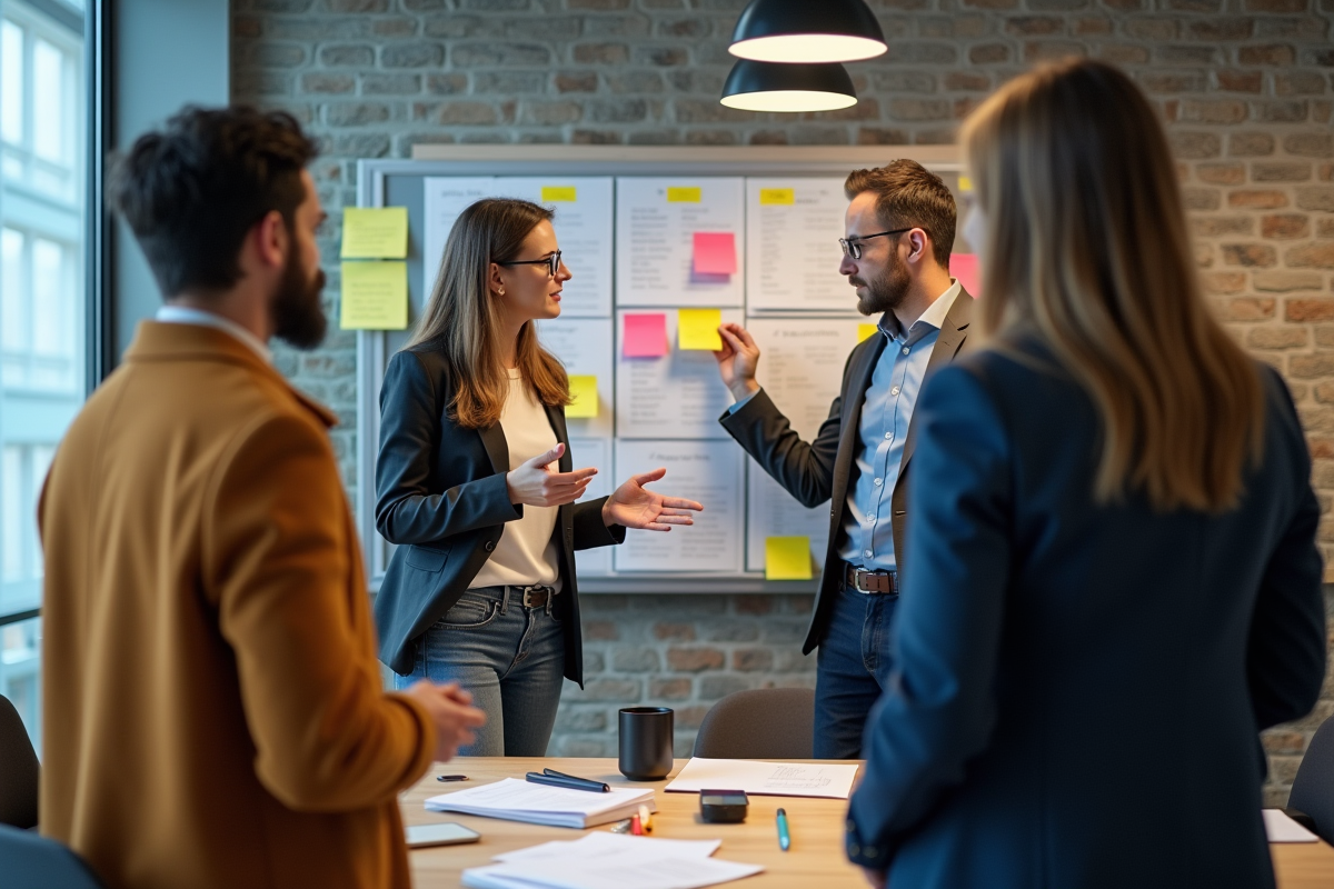 Groupe de professionnels en brainstorming dans un bureau moderne