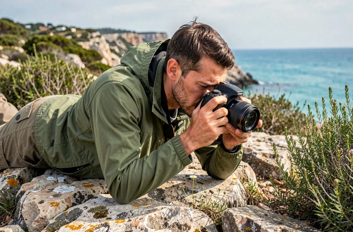 Photographe Samy en pleine séance de macrophotographie dans la nature sur le littoral rocheux de Marseille