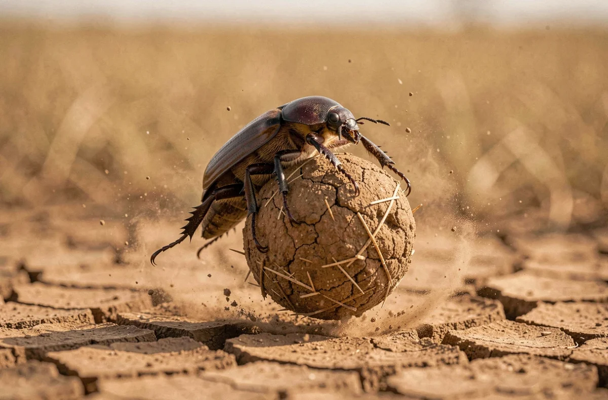 Scarabée bousier poussant une boule de terre sur un sol aride de savane, illustrant le cycle de vie et la renaissance symbolique