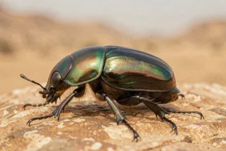 Scarabée iridescent aux reflets émeraude et bronze posé sur une pierre de grès désertique, symbole du cycle de vie dans la culture égyptienne